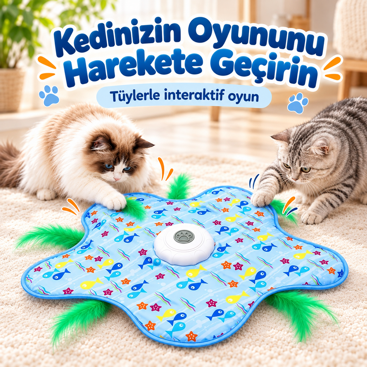 İnteraktif Kedi Oyuncağı - Otomatik Hareketli Tüy Saklambaç Oyun Matı